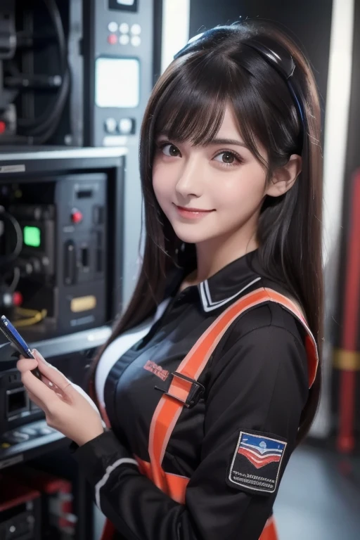 An absurd resolution,  high resolution,20 years old, (masterpiece: 1.4),  very detailed ,   dark-haired young woman dressed as a dark-haired young woman,  blushing and excited expression dressed as a technician  , Dressed as an engineer 