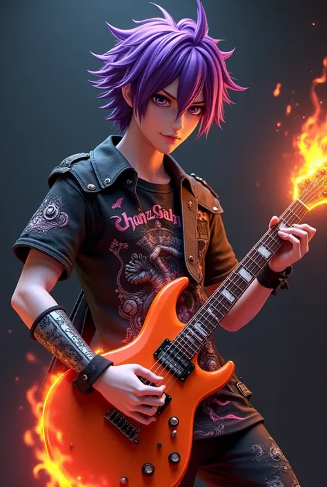 Anime 3d man 30 years old purple hair wearing metal shirt carrying fiery guitar.on the front of the shirt there is a name " Dhanz'sijabrig  