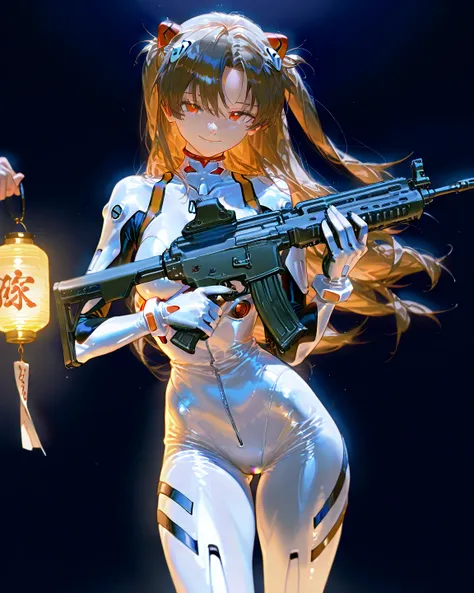        8k wallpaper、masterpiece、最 high quality    、 high quality      、 high detail、、          absurd,  Latest,               female 1 person、Rei Ayanami,  Interface Headset,  white bodysuit、 Lantern、 long hair、 wide hips    、     protruding thighs 、    as...