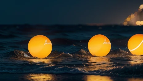 ((( Create 5 very bright orbs  , 5 esferas que emitem luz  5  five glowing spheres of light flying over the ocean)))a scene in the middle of the ocean , rough sea, Storm at sea   .   sunset  , clear day .  Create 5 balls of light flying over the ocean. ⚠️,...