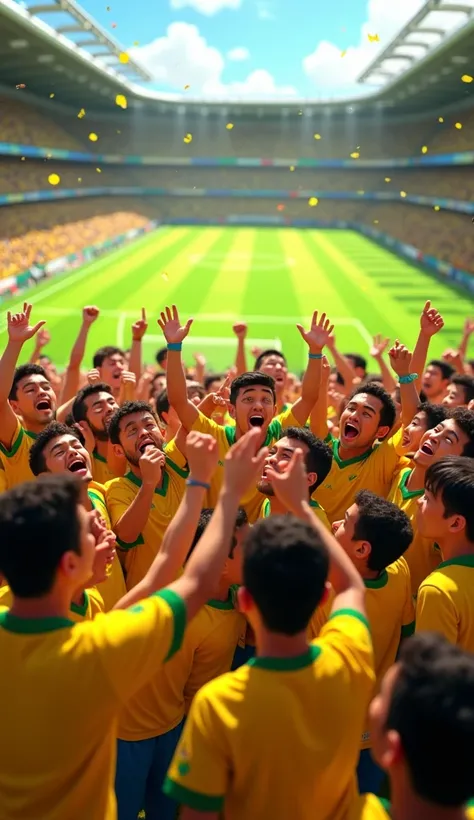 Brazilian fans celebrating victory at the stadium together with the national team's players. Pixar style drawing