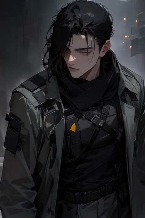 masterpiece, newest, absurdres, safe Solo, high detailed, male, Soldier, Black hair Rat tail hairstyle, silver eyes. Black shirt, greenish grey coat and black scarf, mullet hair, black hair, Harness holster. grey coat, large coat, grey overcoat. Male. Blac...