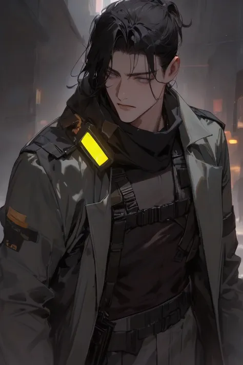 masterpiece, newest, absurdres, safe Solo, high detailed, male, Soldier, Black hair Rat tail hairstyle, silver eyes. Black shirt, greenish grey coat and black scarf, mullet hair, black hair, Harness holster. grey coat, large coat, grey overcoat. Male. Blac...