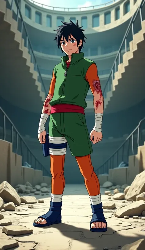 This image depicts Rock Lee, a beloved character from Naruto, in a battle-worn state within a destroyed arena-like setting. Below is a detailed breakdown of the scene:


---

1. Character: Rock Lee

Appearance & Outfit

Clothing:

Wears a green, tight-fitt...