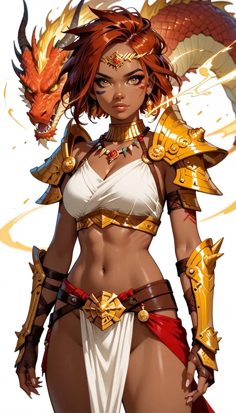 Solo, dark skinned girl, really short hair, spiked hair, auburn hair, golden eyes, Golden Dragon Circlet, Golden Dragon Armor, Tribal Makeup, Jeweled golden necklaces, Jeweled gauntlets, ((eye focus)), ((breast focus, crotch focus )) ((Golden magic in both...