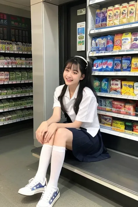 (( top quality)),   perfect face、uniform、 white high socks、 sneakers、  black hair、 Fresh Smile 、 full body photo、

Convenience store