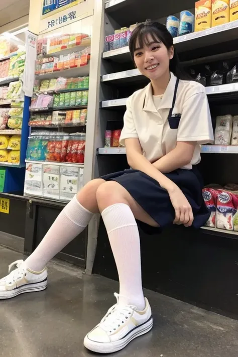 (( top quality)),   perfect face、uniform、 white high socks、 sneakers、  black hair、 Fresh Smile 、 full body photo、

Convenience store