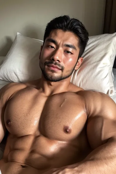 a 23 years old japanese bodybuilder, beautiful detailed eyes, beautiful detailed lips, extremely detailed face and body, hairy chest, extremely sweaty, laying on bed,