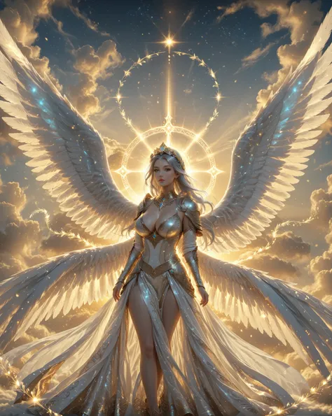 A majestic angel with ((six large ethereal wings)) glows softly with (a divine aura). The female angel has a serene expression with golden eyes, a beautiful feather headdress on her head, and silver hair flowing down her back. Her ((six large symmetrical))...