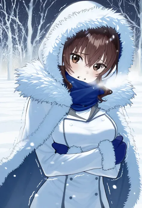 looking at viewer, snow on head, snow on breasts, snow on body, white fur trim, very cold mother covered in a thin layer of snow freezing to death, mature mother with medium breasts and brown hair full of snow shivering in the cold, (frozen eyelashes), ver...