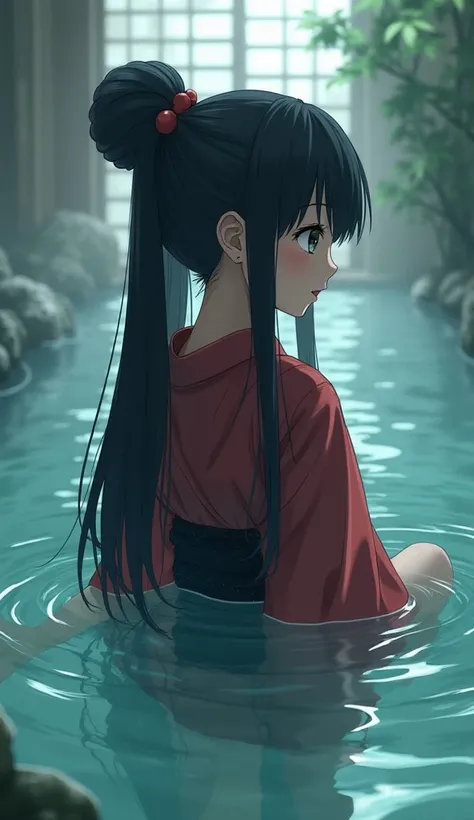 Girl with long straight black hair with pigtails tied in the shape of a ball, Japanese-style clothing, short kimono color red and black, forming a dragon in a Japanese hot spring with a ghostly anime-like appearance