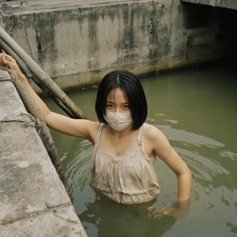  cropped bangs , middle school girl, semi-long bob ,Dirty White Ruffled Tank Top ,I'm wearing a dirty white mask, Snapshot, rough skin,Dirty Skin, Soaking to the waist in an urban water canal surrounded by concrete,I'm fishing for floating trash, taken fro...