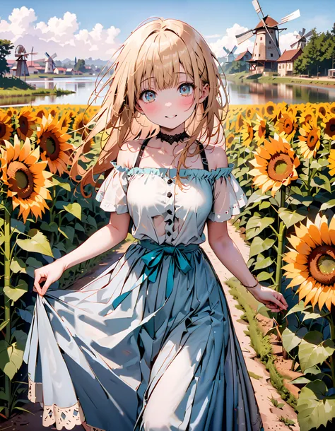 It's so dizzying, Mahiru Shiina,Alone, bangs, blonde hair, Hair, with red eyes,smile,blush, open their mouths, half up, straw hat,Medium breast, Off Shoulder Dress,Short sleeve, long skirt , Heeled Sandals, standing,whole bodyがイラストに入るように,
break loo...