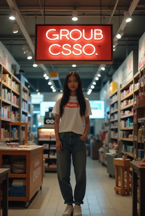 A BEAUTIFUL INDONESIAN GIRL WITH LONG HAIR, USE A WHITE SHIRT WITH"YANTI USAY " PRINTED ON IT, using trousers,  and white sneakers  ((STANDING A HUGE SIGN ABOVE HIS HEAD
IT SAYS GROUB CSSO)) IN the computer store,tablet,(( full body )),,proportional big bo...