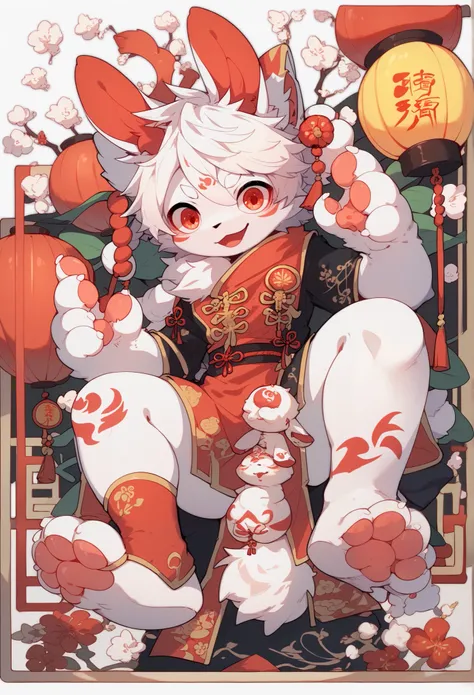 Bunny Boy，furry boy， toddlers， white hair ， white skin ，Hanfu，Chinese New Year，Edelweiss，Osmanthus fragrans，Red Lantern