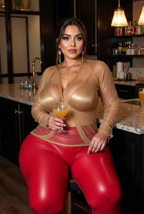 I am 40 year old plus size tall and big giant indian muslim women, looking like indian actress hansika motwani, wearing a gold boarded transparent tan kurti ,and shining reflective glossy very tight bright red leggings,golden nose rings,nose stud, anklet,h...