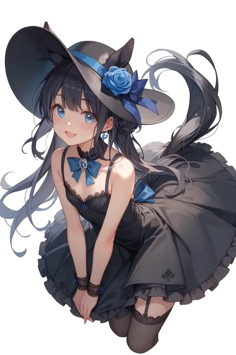  girl 、Uma Musume、 cute、Petite、 black dress 、 Small Boobs、Black Tail、black horse ear、 black hat、Blue Rose Ornament