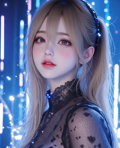 Photorealistic,best quality, highres, ultra-detailed, BREAK,hologram concert, virtual singer girl, ((Whole body translucent)),upper body only, waist-up projection,futuristic stage setup, neon lights, digital particles floating, Headset Microphonses, (very ...