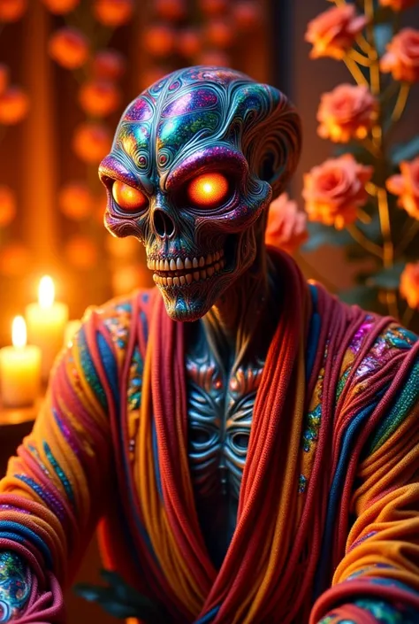  An alien with details of colorful skulls and vibrant robes ,  reflecting the Day of the Dead .  He has a warm smile and tribal tattoos that symbolize celebrations of life.

angle: Image of ¾ ,  capturing his lively and energetic posture .

Light Compositi...