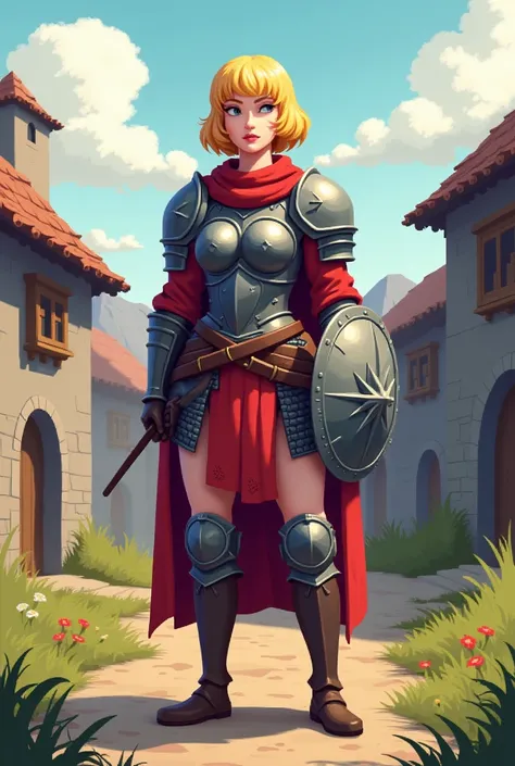 Pixel cartoon game images medieval village scene background Female warriors real people white skin, short yellow hair, very big breasts, thighs very big muscles, very large calves, wearing ancient armor so that you can see the proportions, stand in front o...