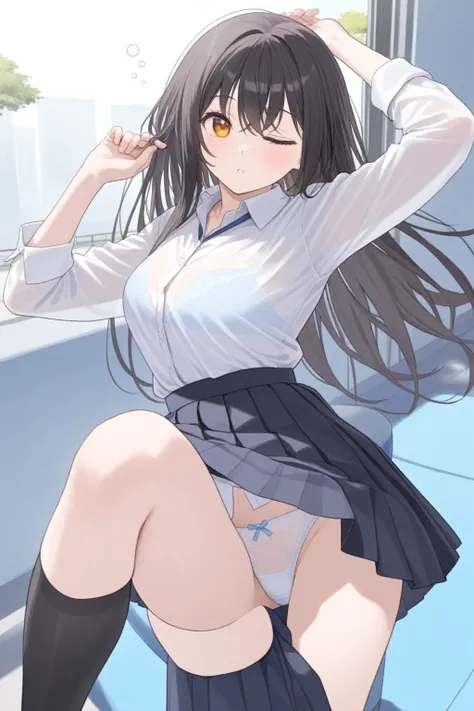 Alone, black hair,  long hair,  amber eyes,  shirt,   navy blue pleated skirt　  white panties （（ See Through Her Panties ）） black knee-high socks、( top quality),( Ultra Detailed),( Extremely Detailed and Beautiful ),( beautiful detail eye)、 ( perfect anato...