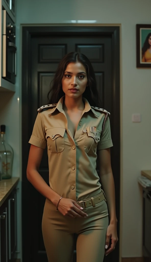 Realistic image. Indian Woman in indian khaki police uniform shirt TUCKED under skintight pants in kitchen, skintight khaki colour police pants that highlights her skinny legs , skintight short sleeved shirt.at home in india at night in eid, looking at cam...