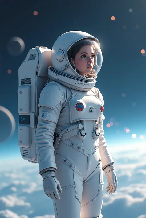 a female cosmonaut taking  in very beautiful space. She has a white spacesuit, and white gloves, and her head is inside a transparent helmet, masterpiece, best quality, highly detailed face, perfect lighting, 