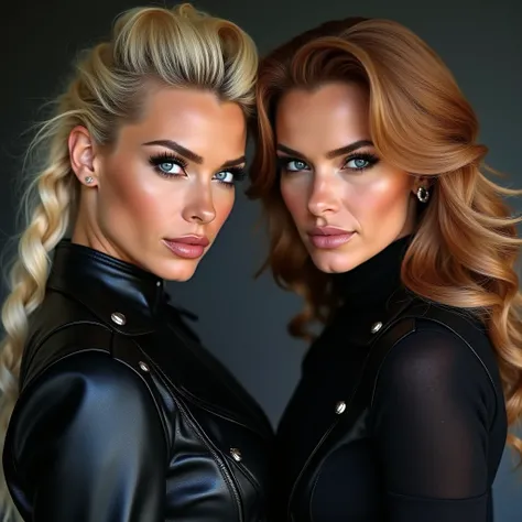 Cool very attractive women Carmen Electra and Pamela  Anderson as secret agents, long beautiful nose, very wide beautiful mouth, blue and rose hair, blue eyes, very big silicone lips, deep nasolabial wrinkles,  leather clothing, very beauties, one with a p...