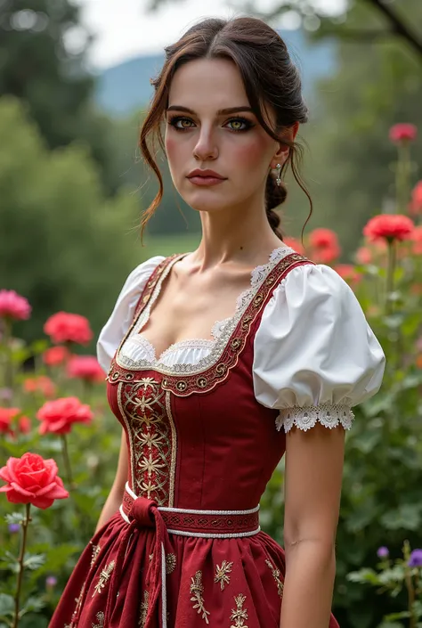 Draw this face with Austrian traditional female clothes using for modern female fashion clothes and she is standing in the garden 