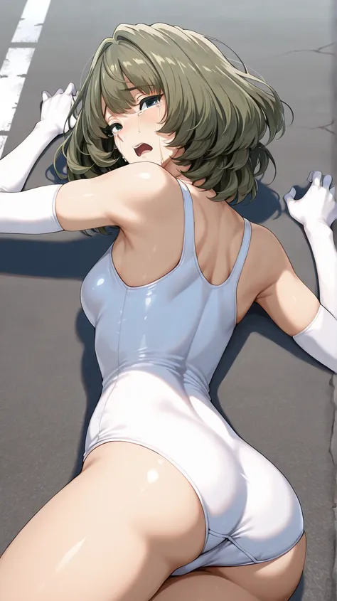 A woman, street, white school swimsuit, white elbow gloves, solo, masterpiece, high resolution, best quality, takagaki kaede, side shot, back shot, looking at viewer, (open eyes:1.4), fall, fallen, fall down, crying