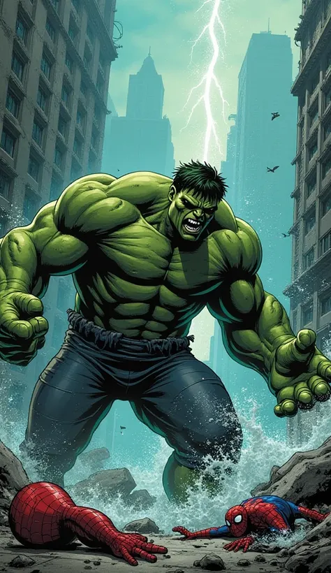 "Using his aquatic powers and strategic mind, Below Hulk overpowers Red Hulk in a fierce and destructive battle. Red Hulk, bruised and defeated, retreats into the distance as Below Hulk stands victorious amidst the ruins, with Spider-Man recovering nearby....