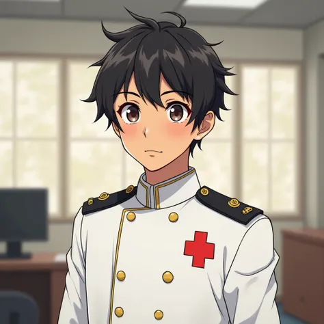 Image of a teenage boy,  wears the clothes of the young lieutenant of the Malaysian Red Crescent Society in white,  black colored accessories , black clothes buttons, office room background. anime art . Tan skin, 