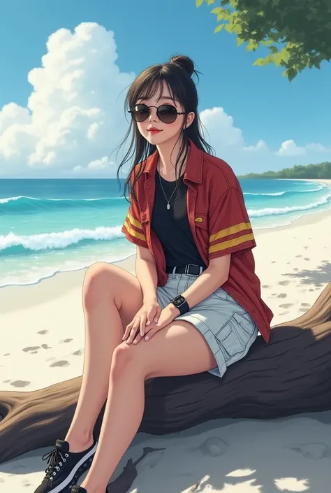 A beautiful Korean girl, Long black hair tied up, wearing sunglasses, wearing a short-sleeved shirt with red and yellow striped accents with a black t-shirt, Full body, wearing white cargo shorts, Wearing a black watch, wearing black and white sports shoes...