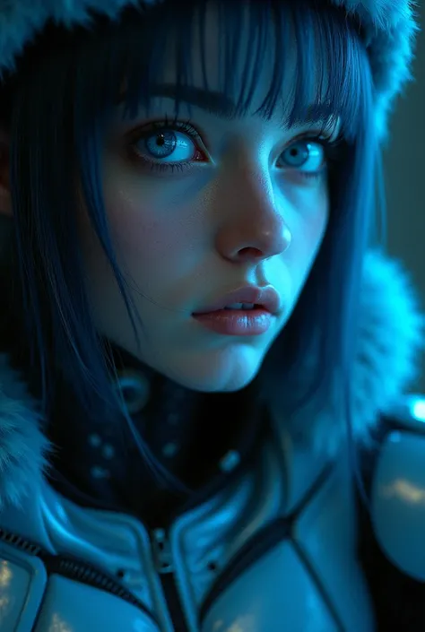 realistic,(( masterpiece)), (( envelopes)), ( Detailed ),  Close-up portrait, 1 girl, blue_eyes, Alone , blue_theme, science_fiction, mono, Circuit Pentern , blue_fur,  Detailed  fur, looking_en_ spectator, _negro_hair,  opened lips , cyborg, realistic, ar...