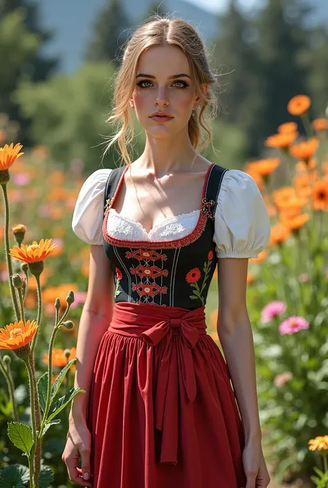 Draw this face with Austrian traditional female clothes using for modern female fashion clothes and she is standing in the garden 