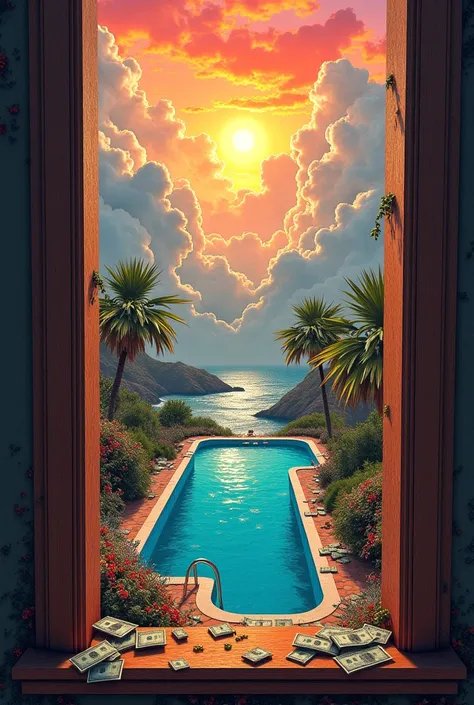 A window from the top of a building with a colorful landscape that shows disorder, chaos, money, pool, Rays, Archetype of the Sun, clouds