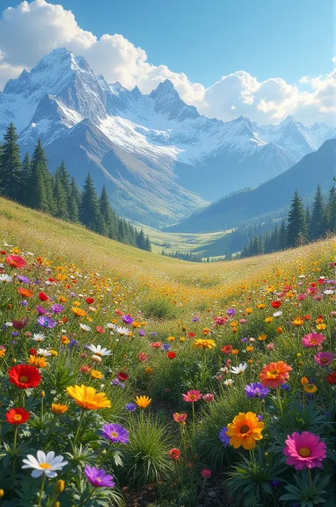  An aerial view of a field of wildflowers of various colors, with clear blue skies and distant mountains 