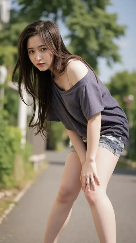 The high resolution photograph of a Japanese young female idol, intricate details, extremely detailed, sharp focus, solo, 1girl, straight long middle parted black hair, pale skin, detailed face, detailed eyes, sophisticated nose, small breasts, (standing l...