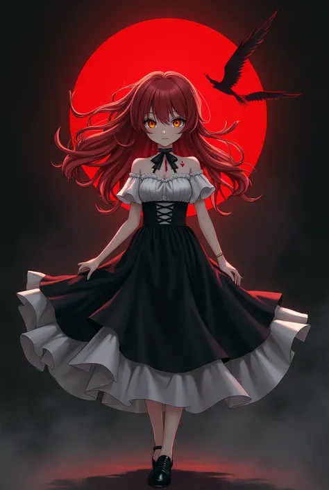 Vampire girl from anime,  red hair,  golden eyes,  brand,  black and white dress , Black skirt,  black shoes .
