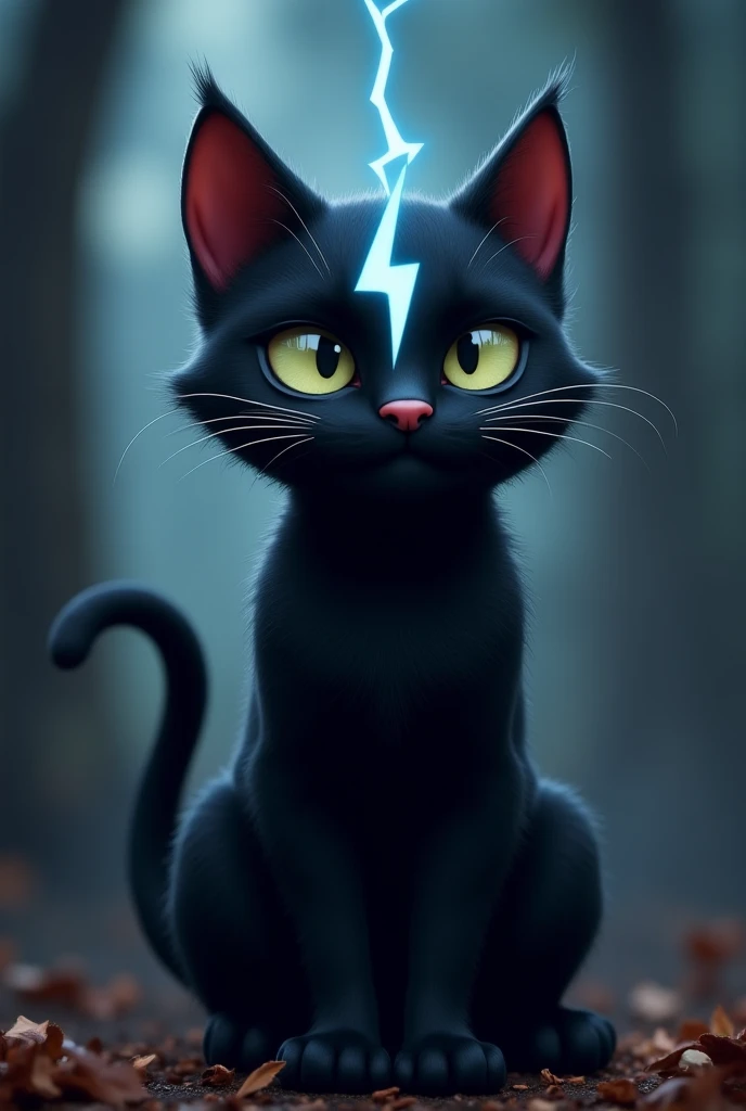 A furry animated black cat with a white lightning bolt on its forehead 