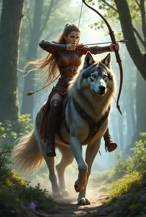 Create an image of a female archer in a fantasy world riding a wolf facing to the right. She is ready to shoot and the wolf walk
