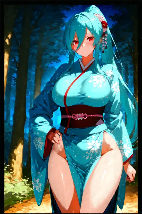 Pretty girl with bright red eyes , turquoise hair with long bangs framing her face and a long ponytail, wearing a cyan blue kimono with black spots , walking through a forest at night,  with big breasts, with hips and big butt