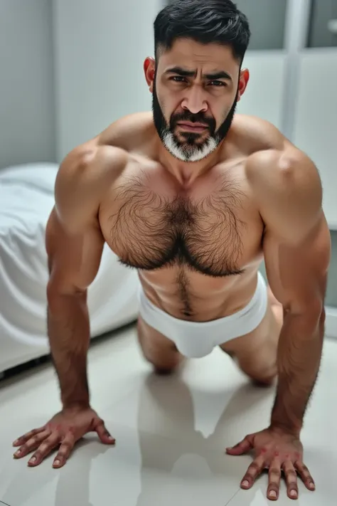 Strong young man, bearded and hairy man in white underwear doing push-ups on the floor for a doctor.