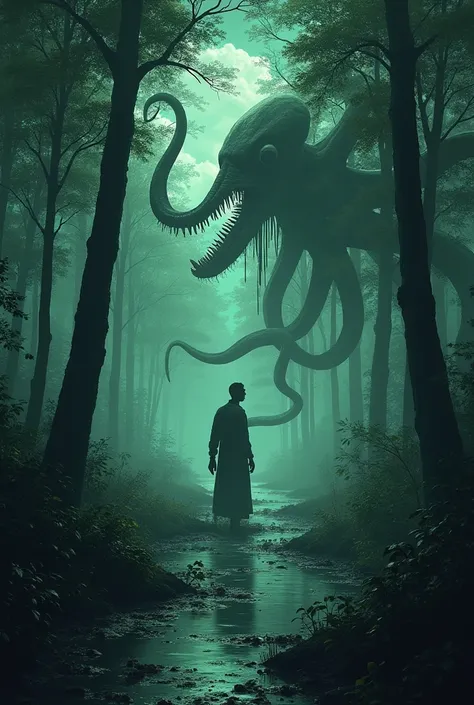  in the middle of the forest is a man with a snake , concept art, Lovecraft inspired ,  Artstation contest winner, fantasy art,  ominous fantasy illustration , lovecraft landscape,  xenomorph octopus in the swamp , Fantasy horror art ,  ominous nostalgic c...