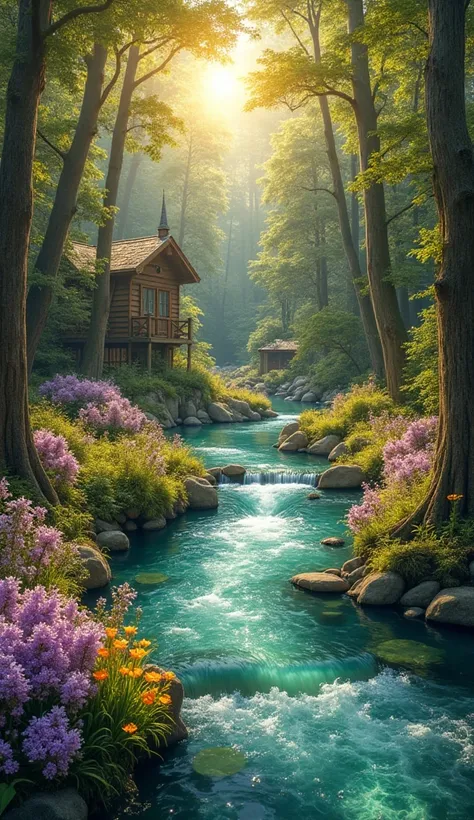 "A charming and magical place, built in the middle of a lush forest. The scene is illuminated by a soft golden light that passes through the tops of the tall, ancient trees. A crystal-clear river winds through the environment, with small waterfalls that fa...