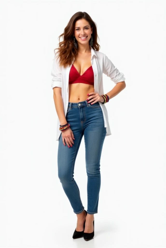 Cheerful woman posing standing on a solid white background. She wears brown wavy hair, black large earrings, multicoloured bracelets, white open shirt, red bra, blue jeans and black high heel shoes. Realistic image.