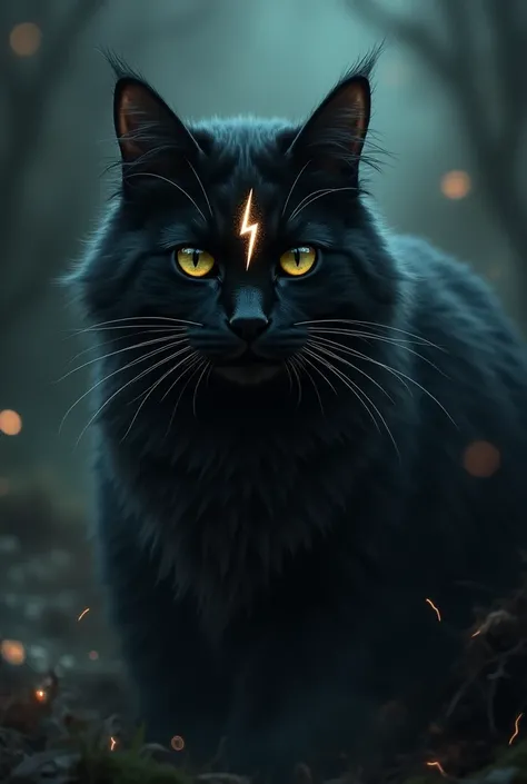 A furry black cat with a lightning bolt on its forehead 