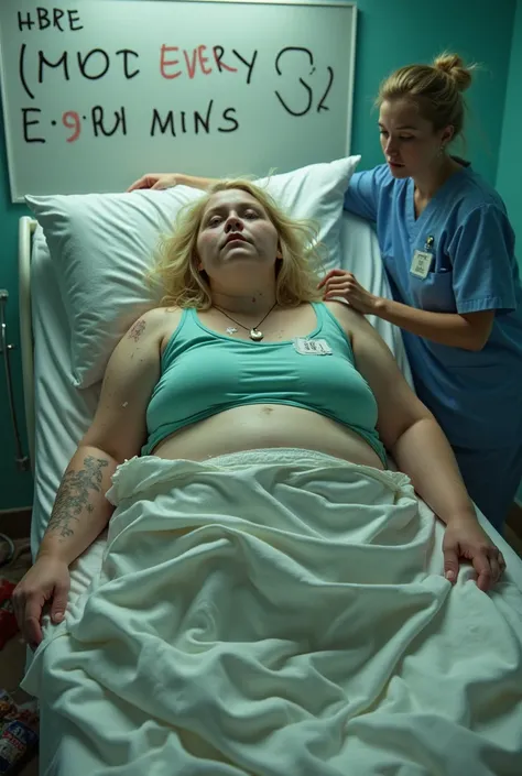 Side view candid photo of a slovenly disgusting vile extremely lazy greedy huge enormous very overweight extremely fat morbidly obese world's fattest 800kg naked seven-feet-tall adolescent girl age 15, who is lounging asleep on a modern hospital bed full o...