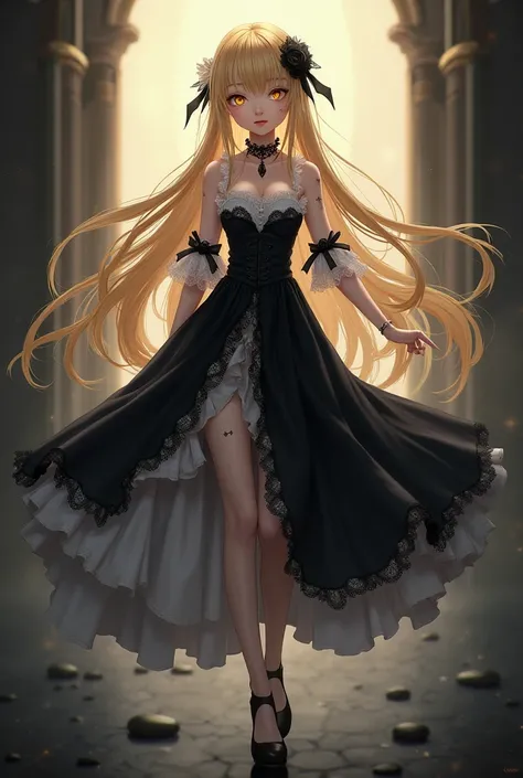 Vampire girl from anime,  blond hair,  golden eyes,  brand,  black and white dress , Black skirt,  black shoes .
