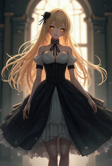 Vampire girl from anime,  blond hair,  golden eyes,  brand,  black and white dress , Black skirt,  black shoes .
